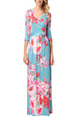 Blue Colorful Plus Size Slim Printed Cross V Neck Band Full Skirt Floral Maxi Dress for Casual Party Beach