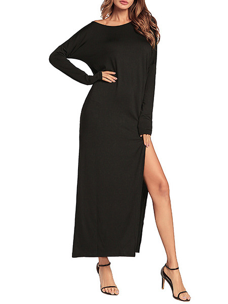 Black Plus Size Loose Off-Shoulder High Furcal Maxi Long Sleevel Dress for Casual Party Evening