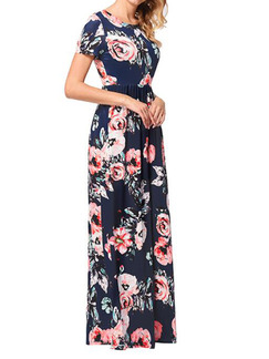 Blue and Pink Colorful Plus Size Slim Printed Round Neck Full Skirt Floral Maxi Dress for Casual Party Beach Evening