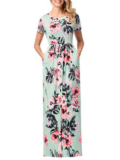 Colorful Plus Size Slim Printed Round Neck Full Skirt Maxi Floral Dress for Casual Party Beach Evening
