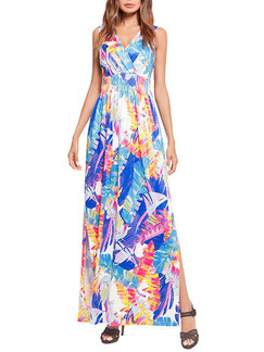 Colorful Plus Size Slim Printed Cross V Neck Furcal Full Skirt Maxi Tropical Dress for Casual Party Beach Evening