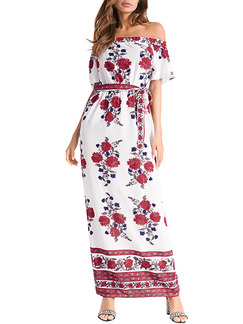 White and Red Plus Size Slim Printed Off-Shoulder Band Maxi Floral Dress for Casual Party Beach Evening