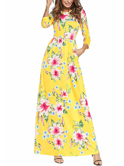 Yellow Colorful Plus Size Slim Printed Round Neck Pockets Full Skirt Long Sleeve Floral Dress for Casual Beach