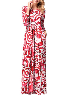 Red and White Plus Size Slim Printed Round Neck Pockets Full Skirt Maxi Long Sleeve Dress for Party Evening Cocktail