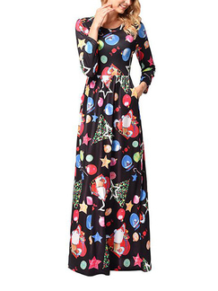 Black Colorful Plus Size Slim Printed Round Neck Pockets Full Skirt Maxi Long Sleeve Dress for Party Evening Cocktail