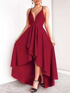 Red Slim Sling Deep V Neck Asymmetrical Hem Open Back Band Maxi Slip Dress for Party Evening Cocktail Prom