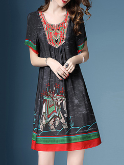 Black Green and Red Plus Size Loose A-Line Contrast Linking Embroidery Located Printing Shift Above Knee Dress for Casual Party