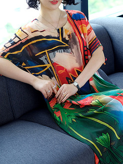 Colorful Plus Size Loose Printed Round Neck Band Cuff Knee Length Dress for Casual Party