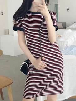 Red Blue and White Knitting Slim H-Shaped Contrast Stripe Round Neck Bandage Back Shift Above Knee Dress for Casual Sporty