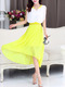 White and Yellow Chiffon Plus Size Slim A-Line Round Neck Contrast Linking Zipper Waist Double Layer Midi Dress for Casual Party Evening