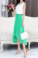 White and Green Chiffon Plus Size Slim A-Line Round Neck Contrast Linking Zipper Waist Double Layer Midi Dress for Casual Party Evening