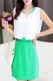 White and Green Chiffon Plus Size Slim A-Line Round Neck Contrast Linking Zipper Waist Double Layer Midi Dress for Casual Party Evening
