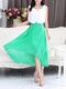 White and Green Chiffon Plus Size Slim A-Line Round Neck Contrast Linking Zipper Waist Double Layer Midi Dress for Casual Party Evening