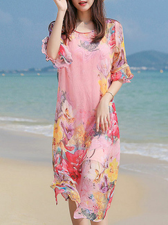 Colorful Plus Size Loose Printed Round Neck Flare Sleeve Double Layer Furcal Side Contrast Band Butterfly Knot Dress for Casual Beach Party