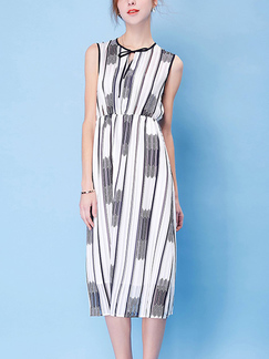 Black and White Chiffon Slim A-Line Printed Contrast Stripe Band Double Layer Midi Dress for Casual Party