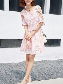 Pink Lace Slim A-Line Off-Shoulder Round Neck Cloak Above Knee Dress for Casual Party