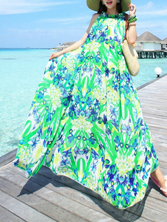 Green and Blue Yellow Loose Printed Laced Round Neck Full Skirt Dress for Casual Beach