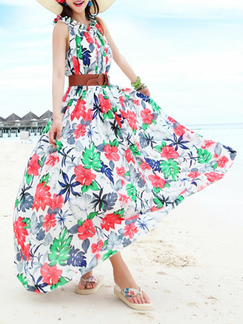 Colorful Loose Printed Laced Round Neck Full Skirt Floral Dress for Casual Beach