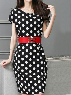 Black and White Plus Size Slim H-Shaped Contrast Wave Point Round Neck Sheath Dress for Casual Party Office Evening