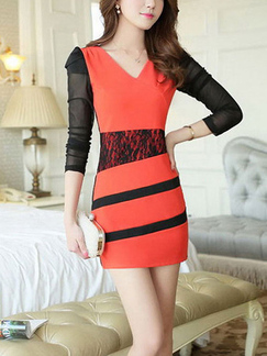 Black and Red Plus Size Slim V Neck Contrast Linking Mesh See-Through Lace Stripe Over-Hip Bodycon Long Sleeve Above Knee Dress for Party Evening Cocktail Semi Formal