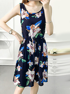Blue Colorful Plus Size Slim A-Line Printed Round Neck Adjustable Waist Band  Fit & Flare Knee Length Dress for Casual Party