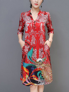 Red Colorful Plus Size Slim H-Shaped Printed V Neck Pockets Shift Knee Length Dress for Casual Party