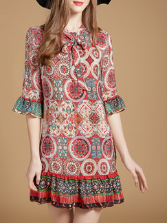 Red Colorful Slim A-Line Printed Band Sleeve Fishtail Above Knee Dress for Casual Party