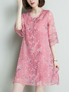 Pink Plus Size Loose A-Line Printed Round Neck Flare Sleeve Double Layer Above Knee Shift Dress for Casual Party
