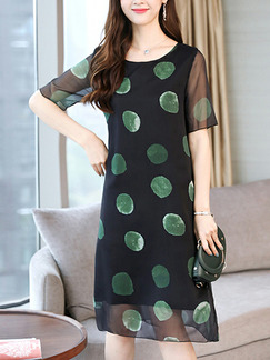 Black and Green Plus Size Slim A-Line Round Neck Contrast Wave Point Double Layer See-Through Shift Knee Length Dress for Casual Party