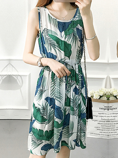 White Green and Blue Plus Size Slim A-Line Printed Round Neck Adjustable Waist Band Tropical Fit & Flare Above Knee Dress for Casual Party