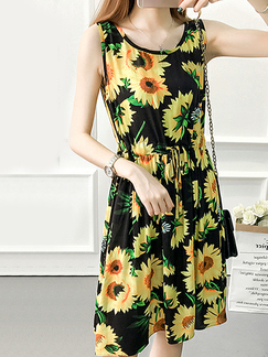 Black and Yellow Plus Size Slim A-Line Printed Round Neck Adjustable Waist Band Sunflower Fit & Flare Above Knee Dress for Casual Party
