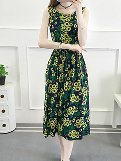 Blue Green and Yellow Plus Size Slim A-Line Floral Round Neck Adjustable Waist Band Sunflower Midi Dress for Casual Party
