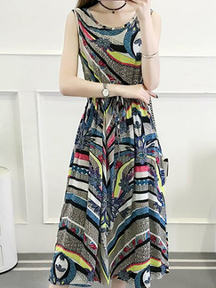 Colorful Plus Size Slim A-Line Printed Round Neck Adjustable Waist Band  Fit & Flare Midi Dress for Casual Party