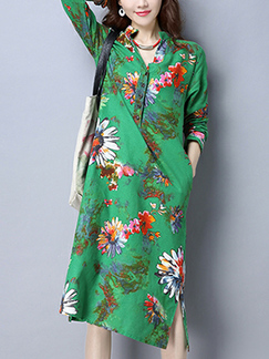 Green Colorful Plus Size Loose Printed A-Line Stand Collar V Neck Buttons Pockets Furcal Shift Midi Long Sleeve Dress for Casual