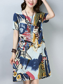 Colorful Plus Size Loose A-Line Printed Round Neck Shift Above Knee Dress for Casual
