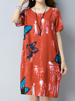 Orange Plus Size Loose H-Shaped Printed Round Neck Pockets Shift Above Knee Dress for Casual