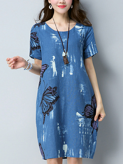 Blue Plus Size Loose H-Shaped Printed Round Neck Pockets Shift Knee Length Dress for Casual