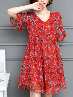 Red Chiffon Plus Size Loose A-Line Printed V Neck Flare Sleeve Shift Above Knee Dress for Casual Party