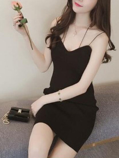 Black Slim Sling V Neck Open Back Over-Hip Bodycon Above Knee Dress for Casual Party Nightclub