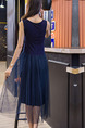 Blue Loose A-Line Round Neck Linking Mesh Double Layer Shift Midi Dress for Casual Party