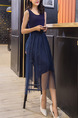 Blue Loose A-Line Round Neck Linking Mesh Double Layer Shift Midi Dress for Casual Party