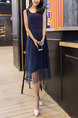 Blue Loose A-Line Round Neck Linking Mesh Double Layer Shift Midi Dress for Casual Party