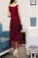 Red Loose A-Line Round Neck Linking Mesh Double Layer Shift Midi Dress for Casual Party