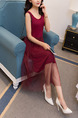 Red Loose A-Line Round Neck Linking Mesh Double Layer Shift Midi Dress for Casual Party