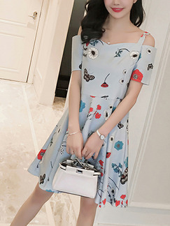 Blue Colorful Slim A-Line Pleated Printed Sling Off-Shoulder Fit & Flare Above Knee Dress for Casual Office Party