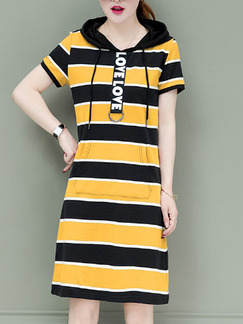 Black and Yellow Slim Hooded Contrast Stripe Knee Length Shift Plus Size Dress for Casual Sport