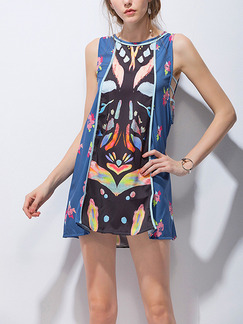 Navy Blue Colorful Slim Printed Above Knee Shift Dress for Casual Party