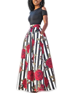Black and White Colorful Slim Off-Shoulder A-Line Printed Maxi Two-Piece Floral Dress for Party Evening Cocktail