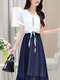 White and Navy Blue Slim Contrast Midi Two-Piece Midi Dress for Casual Party