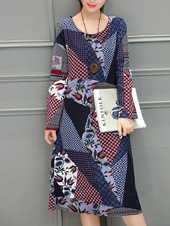 Colorful Loose Printed Midi Long Sleeve Shift Dress for Casual Party